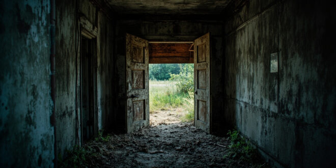 Abandoned concrete bunker entrance discovered during crime scene investigation in deserted rural Alabama landscape