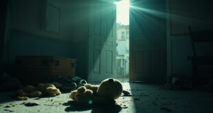 Children's toys abandoned in empty apartment courtyard with closed door, conveying family tragedy in muted tones