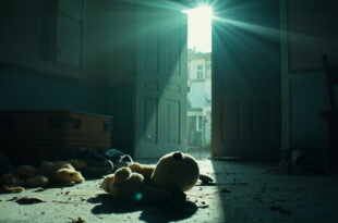 Children's toys abandoned in empty apartment courtyard with closed door, conveying family tragedy in muted tones