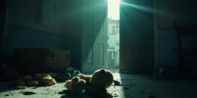 Children's toys abandoned in empty apartment courtyard with closed door, conveying family tragedy in muted tones