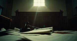 Empty judge's bench with scattered legal documents and gavel in vacant federal courthouse after bail denial ruling