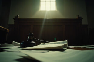 Empty judge's bench with scattered legal documents and gavel in vacant federal courthouse after bail denial ruling