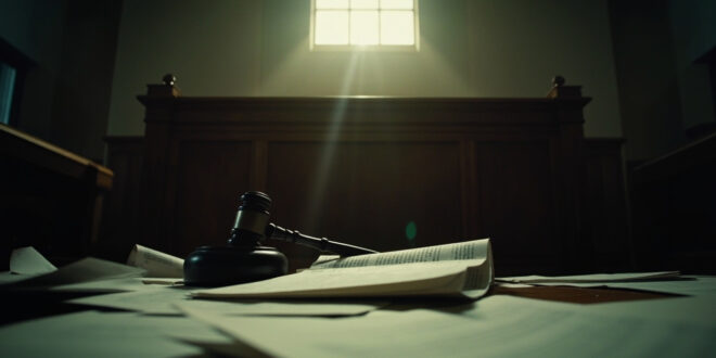 Empty judge's bench with scattered legal documents and gavel in vacant federal courthouse after bail denial ruling