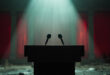 Empty diplomatic podium with silent microphones stands abandoned in government conference hall, symbolizing diplomatic tensions