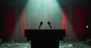 Empty diplomatic podium with silent microphones stands abandoned in government conference hall, symbolizing diplomatic tensions