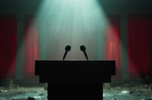 Empty diplomatic podium with silent microphones stands abandoned in government conference hall, symbolizing diplomatic tensions