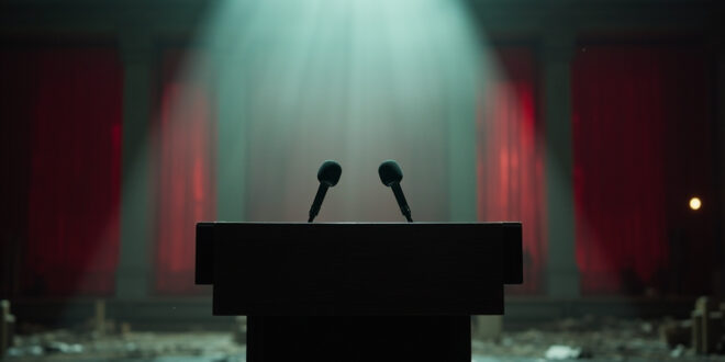 Empty diplomatic podium with silent microphones stands abandoned in government conference hall, symbolizing diplomatic tensions