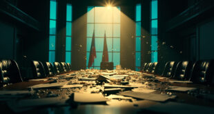 Abandoned diplomatic meeting room with empty conference table, scattered documents, and national flags in dim lighting
