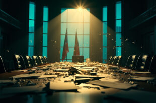 Abandoned diplomatic meeting room with empty conference table, scattered documents, and national flags in dim lighting
