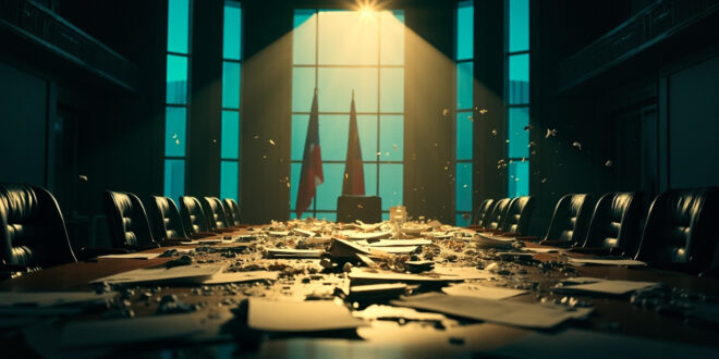 Abandoned diplomatic meeting room with empty conference table, scattered documents, and national flags in dim lighting