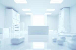 Injectable medication boxes displayed on white pharmacy counter with price tags, arranged in clean minimalist style