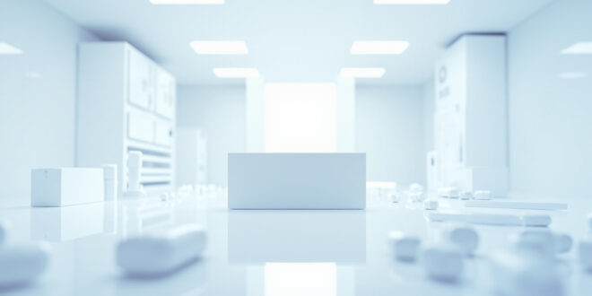 Injectable medication boxes displayed on white pharmacy counter with price tags, arranged in clean minimalist style