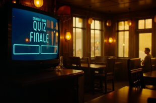 Television screen in pub showing quiz show results with empty chairs and tables around