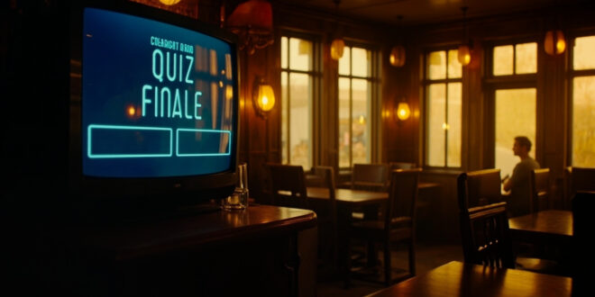Television screen in pub showing quiz show results with empty chairs and tables around