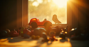 Empty toy cars and angel wings ornament on a sunlit windowsill in a child's bedroom at golden hour