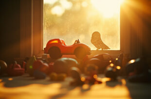 Empty toy cars and angel wings ornament on a sunlit windowsill in a child's bedroom at golden hour