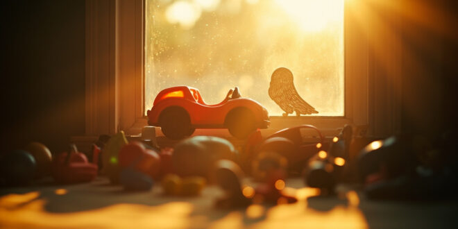 Empty toy cars and angel wings ornament on a sunlit windowsill in a child's bedroom at golden hour