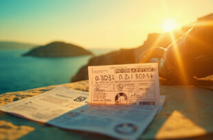 Winning lottery ticket beside Greek travel documents against a sunlit Mediterranean coastal landscape