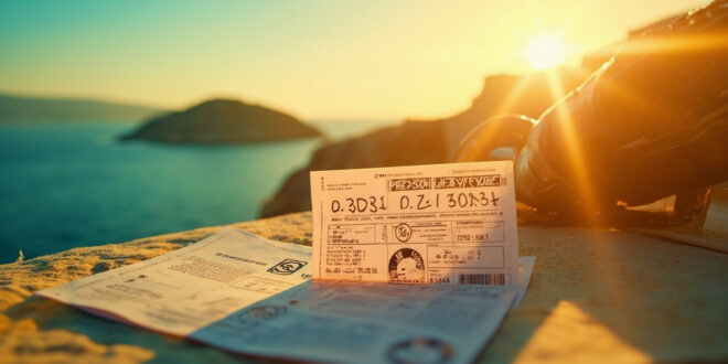 Winning lottery ticket beside Greek travel documents against a sunlit Mediterranean coastal landscape