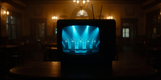 Television screen in darkened pub showing quiz show set with contestant podiums and game show lighting