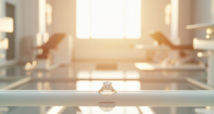 Diamond engagement ring placed on physical therapy parallel bars in bright medical facility