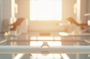 Diamond engagement ring placed on physical therapy parallel bars in bright medical facility