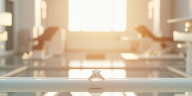 Diamond engagement ring placed on physical therapy parallel bars in bright medical facility