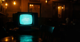 Vintage television screen displaying quiz show results in traditional British pub with warm lighting