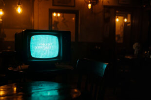 Vintage television screen displaying quiz show results in traditional British pub with warm lighting