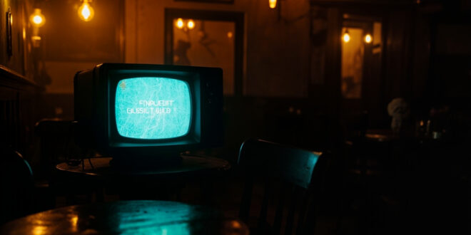 Vintage television screen displaying quiz show results in traditional British pub with warm lighting