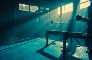 Abandoned football training equipment sits unused in a dimly lit fitness facility at dawn, highlighted by morning light