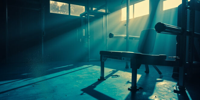 Abandoned football training equipment sits unused in a dimly lit fitness facility at dawn, highlighted by morning light