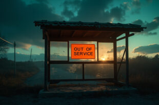 Empty rural bus shelter with suspended service notices and warning signs at dusk, bathed in orange light