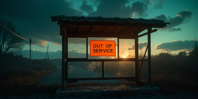 Empty rural bus shelter with suspended service notices and warning signs at dusk, bathed in orange light