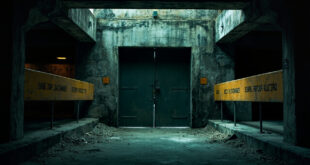 Steel reinforced bunker entrance with heavy security doors in deserted government district.