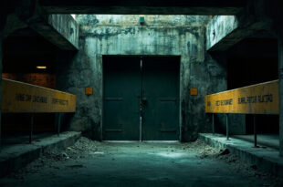 Steel reinforced bunker entrance with heavy security doors in deserted government district.