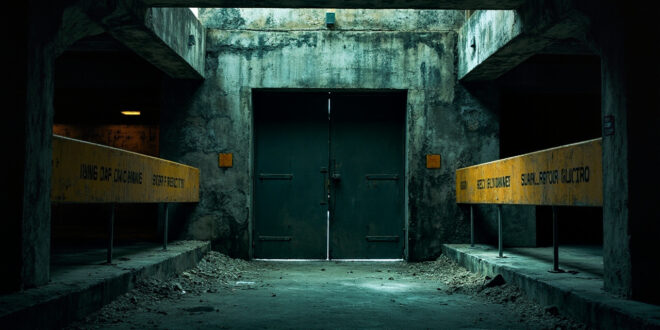 Steel reinforced bunker entrance with heavy security doors in deserted government district.