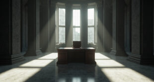 Empty leather chair at wooden desk in formal government building interior with scattered papers