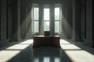 Empty leather chair at wooden desk in formal government building interior with scattered papers
