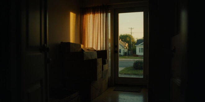 Moving boxes and personal belongings near doorway of quiet family home with soft natural lighting.