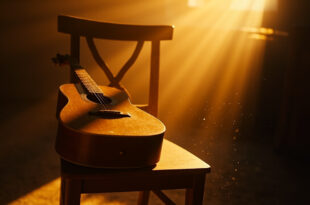Acoustic guitar resting on vacant wooden chair in empty music room bathed in soft morning light