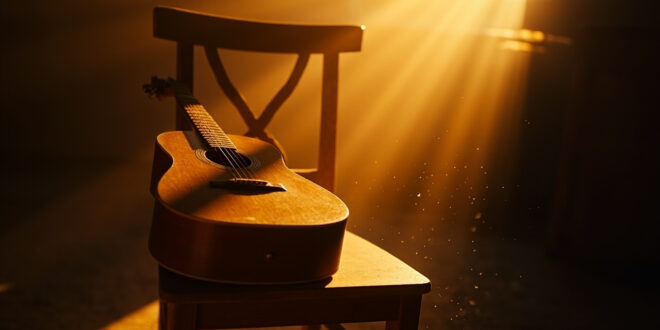 Acoustic guitar resting on vacant wooden chair in empty music room bathed in soft morning light