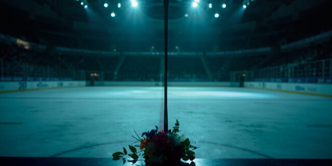 Hockey stick leaning against arena boards with memorial flowers and soft arena lighting