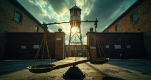 Empty courthouse scales tipping in abandoned prison courtyard with locked gates, watchtower silhouetted against stormy sky