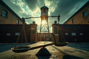 Empty courthouse scales tipping in abandoned prison courtyard with locked gates, watchtower silhouetted against stormy sky