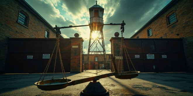 Empty courthouse scales tipping in abandoned prison courtyard with locked gates, watchtower silhouetted against stormy sky