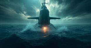 Nuclear submarine emerges from dark waters in vast empty ocean under stormy sky, periscope breaking the surface