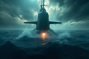 Nuclear submarine emerges from dark waters in vast empty ocean under stormy sky, periscope breaking the surface