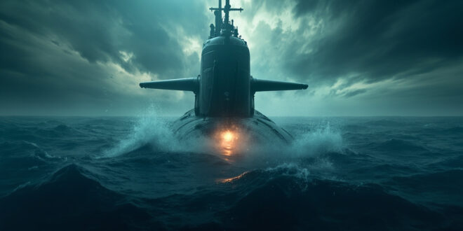 Nuclear submarine emerges from dark waters in vast empty ocean under stormy sky, periscope breaking the surface