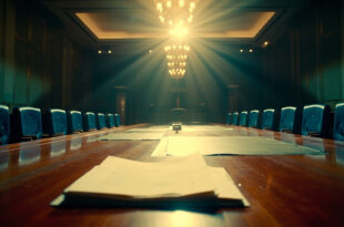Empty diplomatic conference room with scattered documents on polished table, official seals visible in formal setting